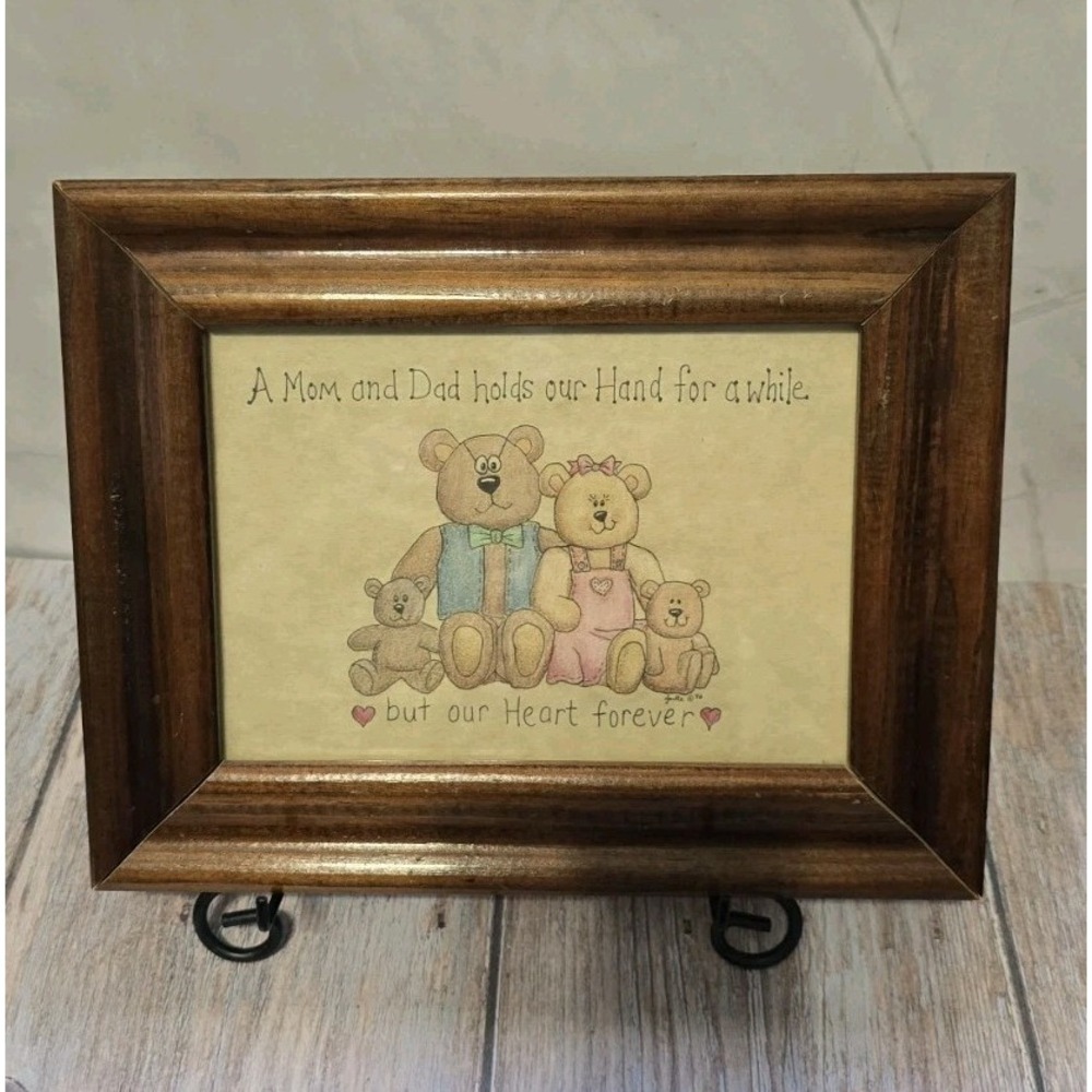 Cottagecore Country Framed Wall Picture Of Bear Family Brown Frame Vintage Decor